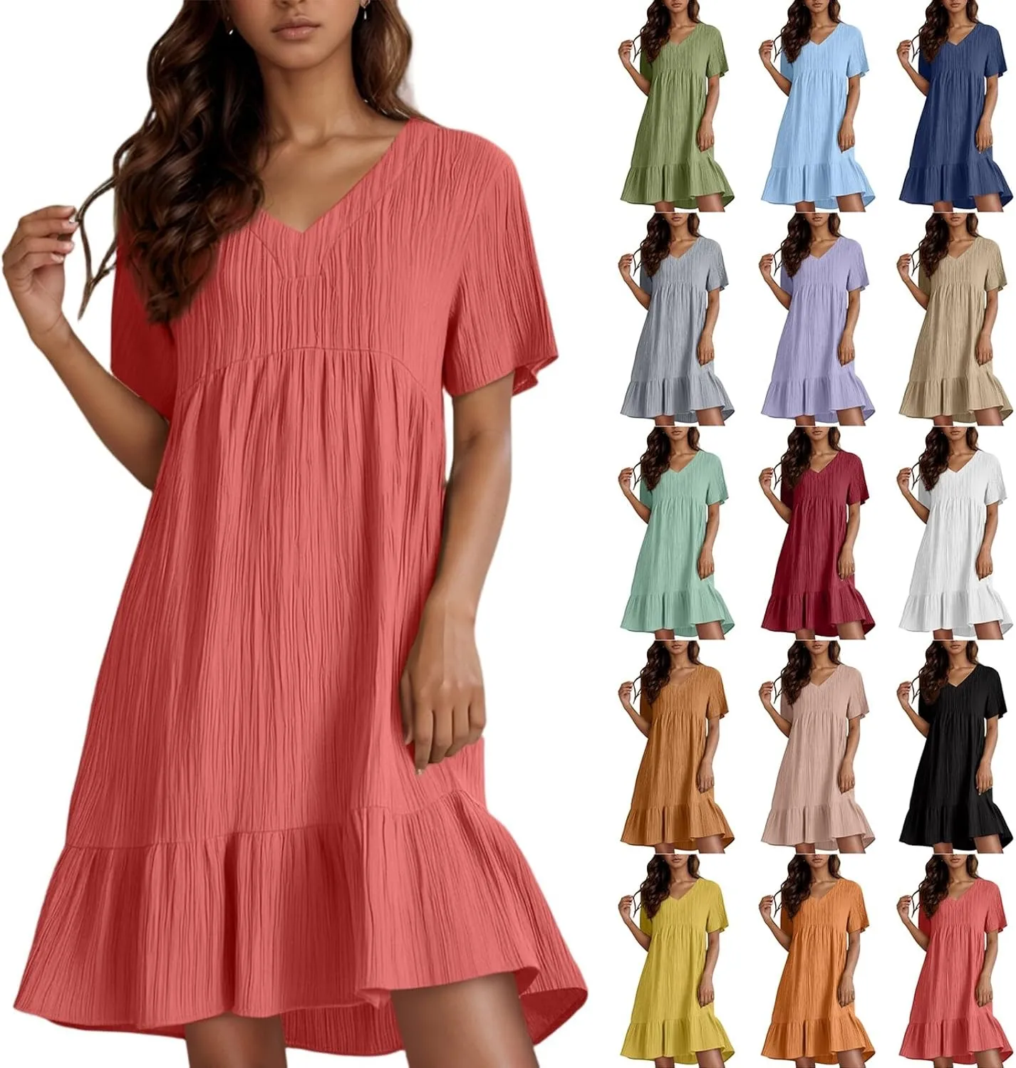 NBXNZWF Summer Dresses for Women 2025 Short Sleeve V Neck Ruffle Flowy Mini Dress Pleated Beach Vacation T Shirt Sundress