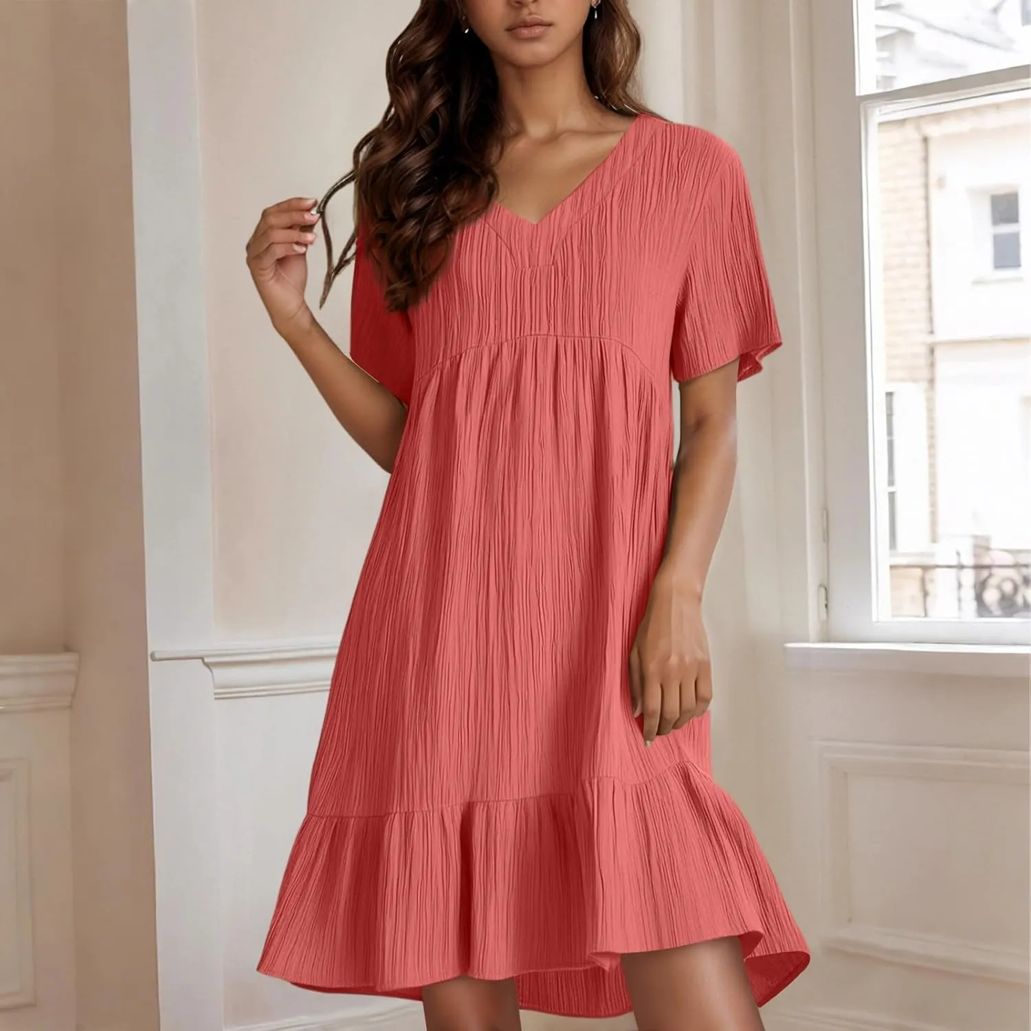 NBXNZWF Summer Dresses for Women 2025 Short Sleeve V Neck Ruffle Flowy Mini Dress Pleated Beach Vacation T Shirt Sundress