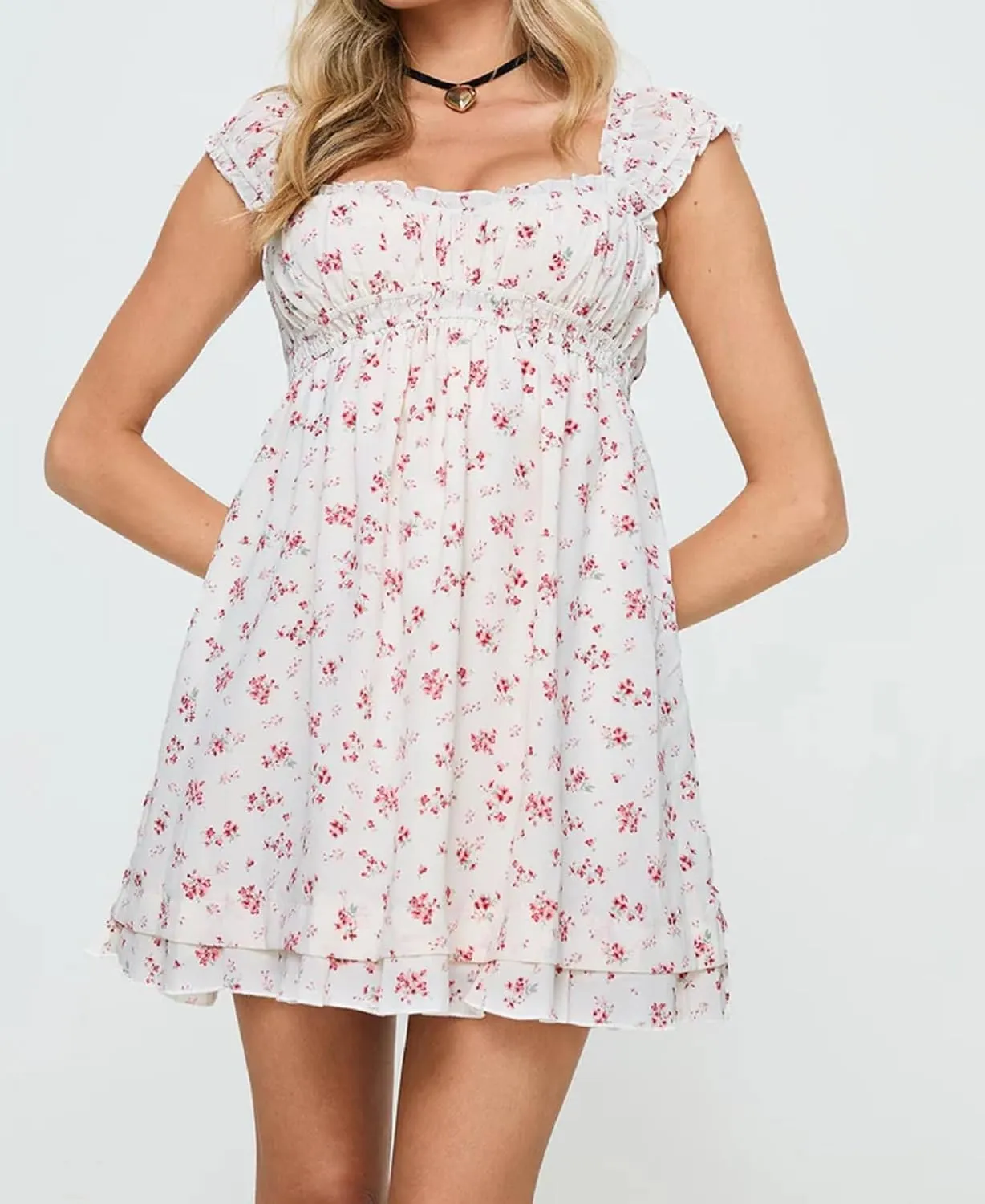 NUFIWI Y2K Ruffle Hem Babydoll Mini Dresses Square Neck Spaghetti Strap Short Dresses Boho Flowy Patchwork Sundress Vocation