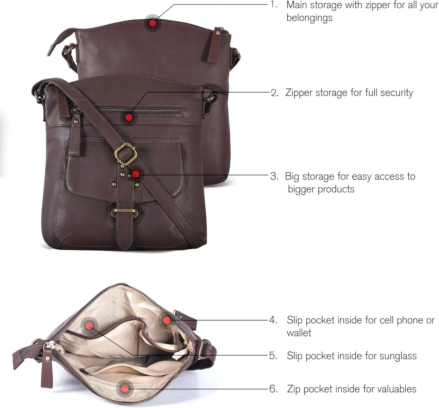 Oak Leathers Leather Crossbody Bag For Women With Adjustable Sling Strap - Medium Size Crossover Shoulder Handbag Purse