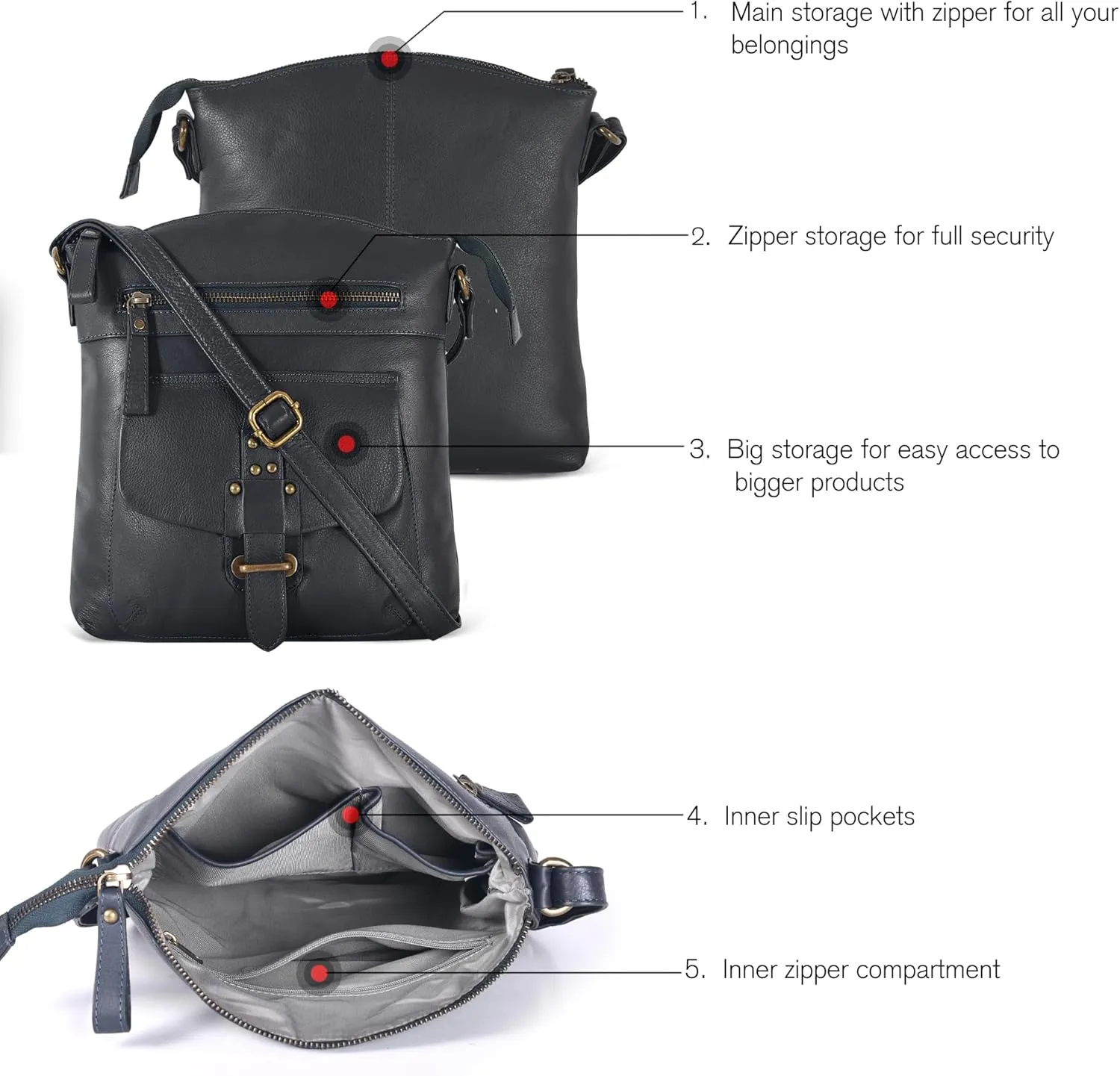 Oak Leathers Leather Crossbody Bag For Women With Adjustable Sling Strap - Medium Size Crossover Shoulder Handbag Purse
