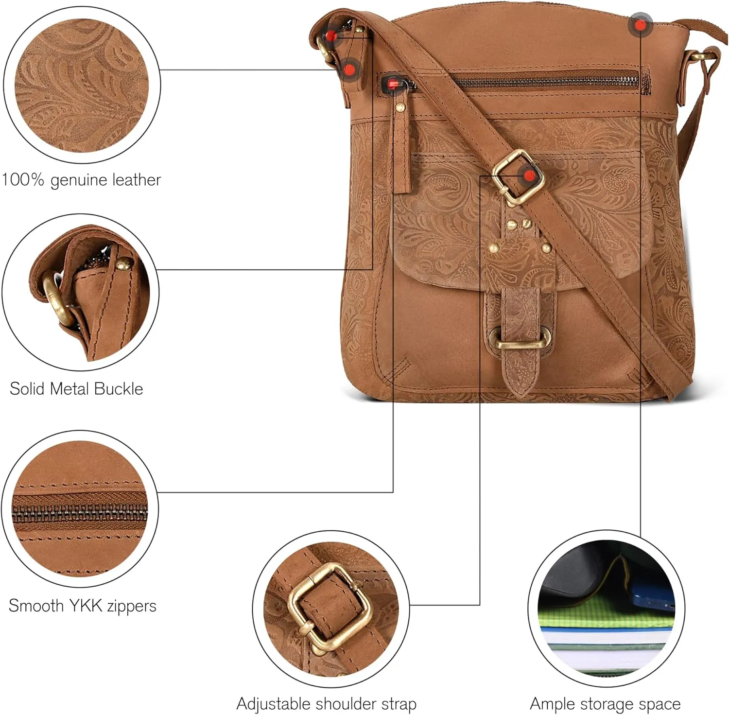 Oak Leathers Leather Crossbody Bag For Women With Adjustable Sling Strap - Medium Size Crossover Shoulder Handbag Purse