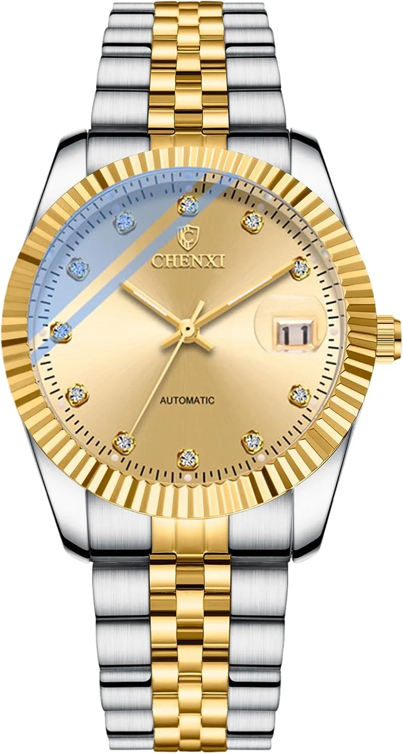 OIDEA Automatic Watches for Men: Luxury Rhinestone Diamond Round Dial Self Winding Mechanical Business Dress Watch Stainless Steel Waterproof Luminous Day Date Wrist Watch