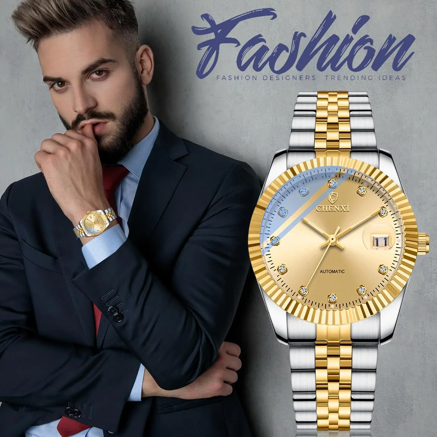 OIDEA Automatic Watches for Men: Luxury Rhinestone Diamond Round Dial Self Winding Mechanical Business Dress Watch Stainless Steel Waterproof Luminous Day Date Wrist Watch
