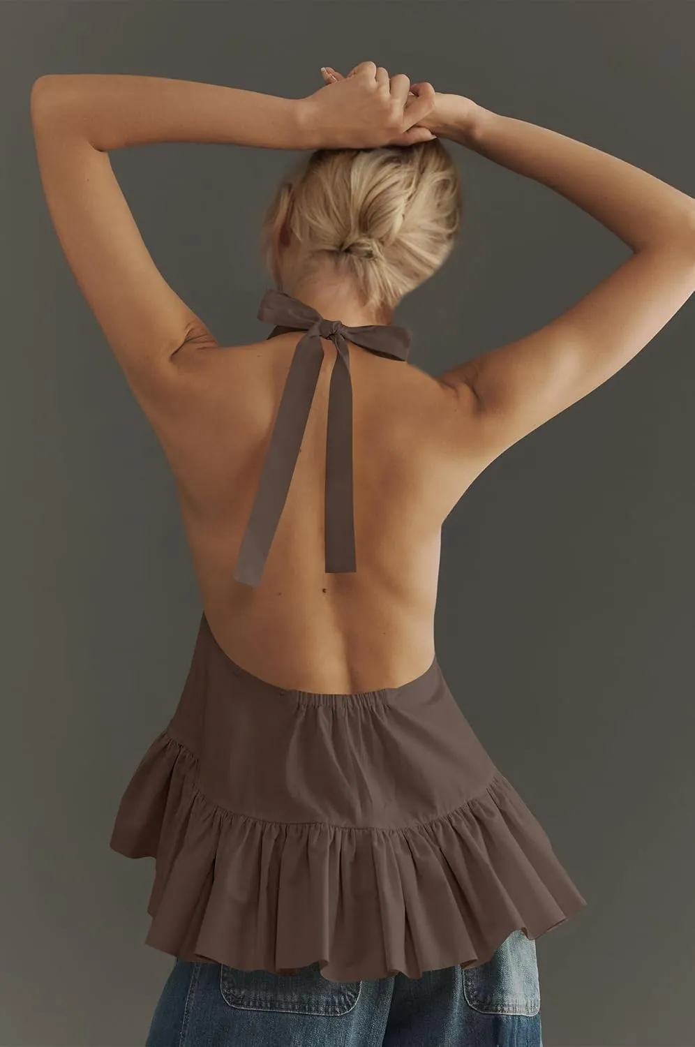 OLAPTA Women Halter Neck Backless Tank Tops Peplum Ruffle Hem Sleeveless Sexy Summer Open Back Vacation Flowy Going Out Shirt