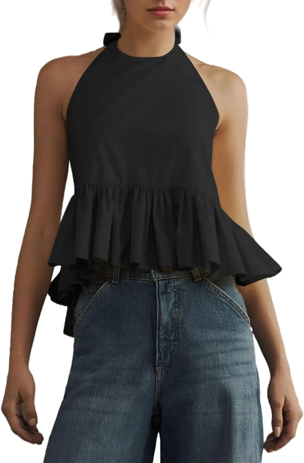 OLAPTA Women Halter Neck Backless Tank Tops Peplum Ruffle Hem Sleeveless Sexy Summer Open Back Vacation Flowy Going Out Shirt