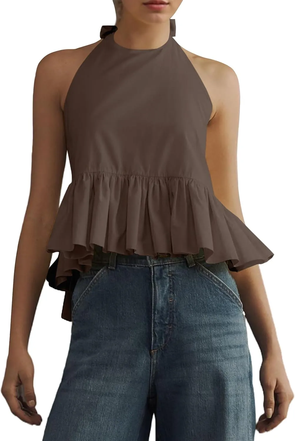 OLAPTA Women Halter Neck Backless Tank Tops Peplum Ruffle Hem Sleeveless Sexy Summer Open Back Vacation Flowy Going Out Shirt