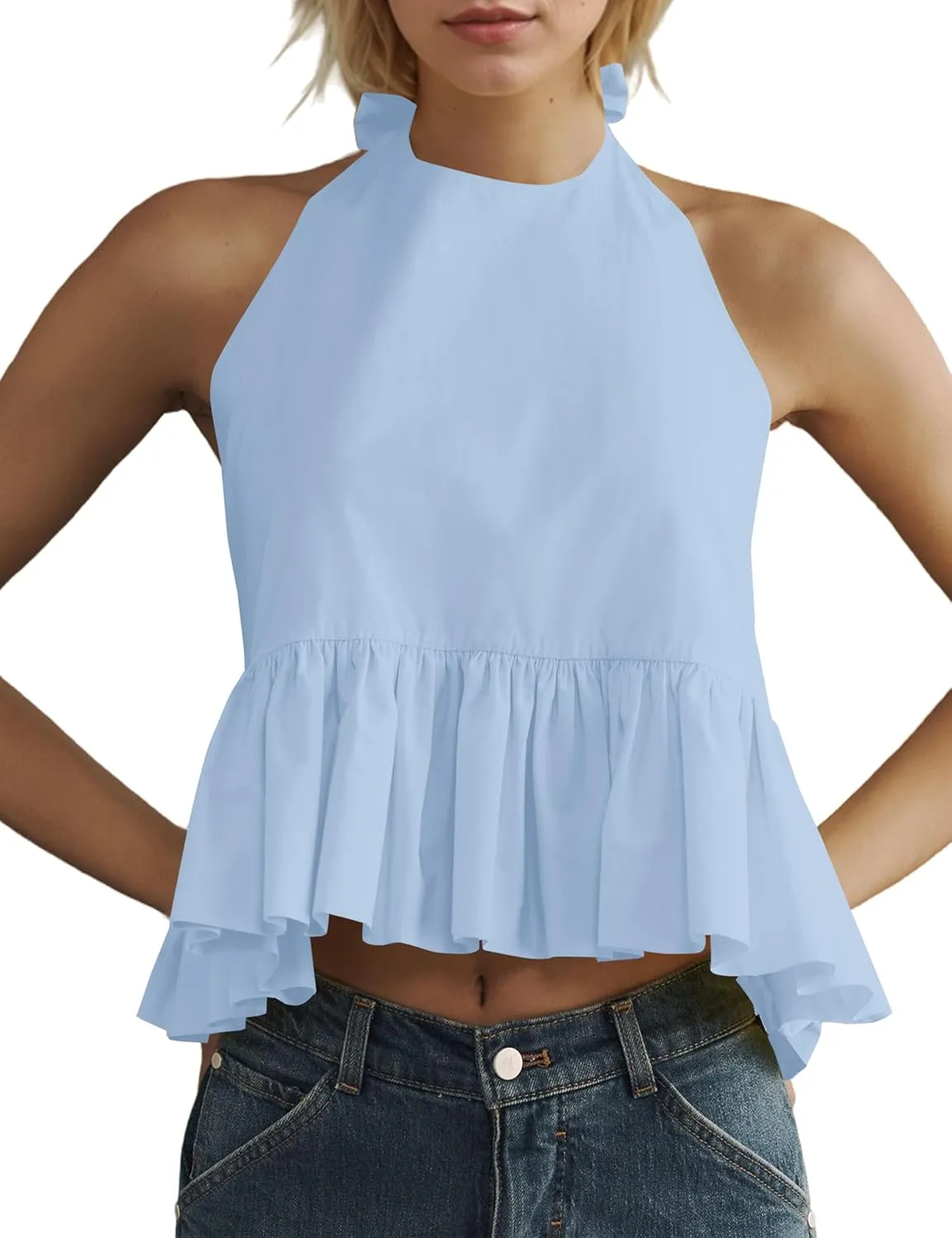 OLAPTA Women Halter Neck Backless Tank Tops Peplum Ruffle Hem Sleeveless Sexy Summer Open Back Vacation Flowy Going Out Shirt