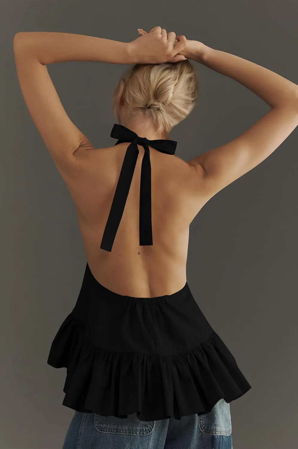 OLAPTA Women Halter Neck Backless Tank Tops Peplum Ruffle Hem Sleeveless Sexy Summer Open Back Vacation Flowy Going Out Shirt