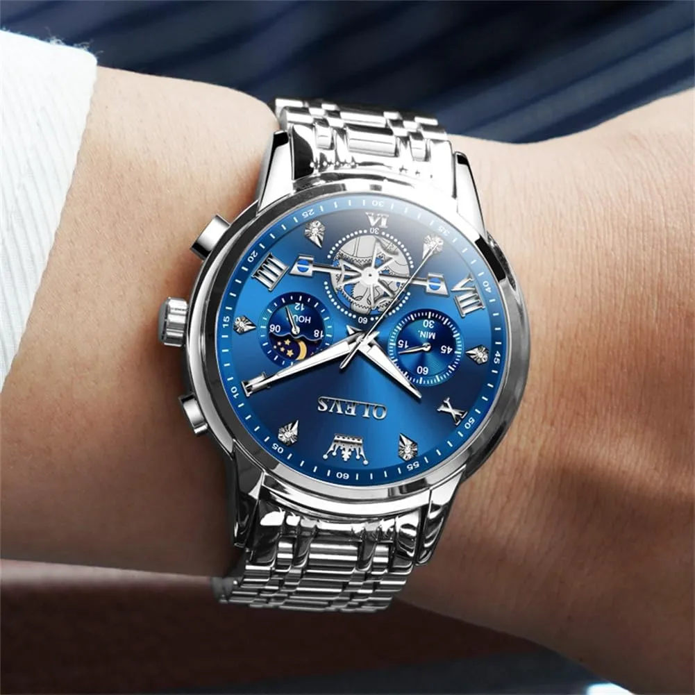 OLEVS Men Skeleton Watches Stainless Steel Analog Quartz Moon Phase Male Watch, Diamond Multi Calendar Chronograph Watch,Waterproof Wrist Watch for Men