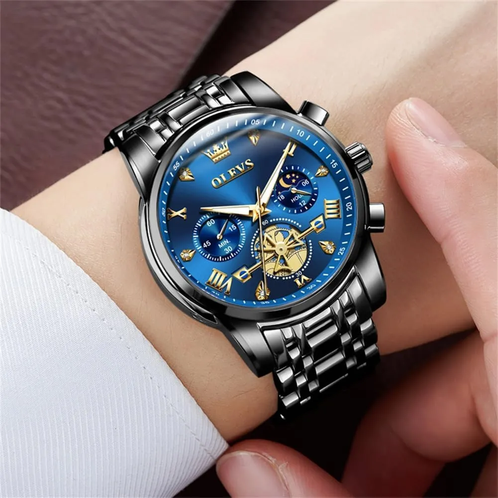OLEVS Men Skeleton Watches Stainless Steel Analog Quartz Moon Phase Male Watch, Diamond Multi Calendar Chronograph Watch,Waterproof Wrist Watch for Men