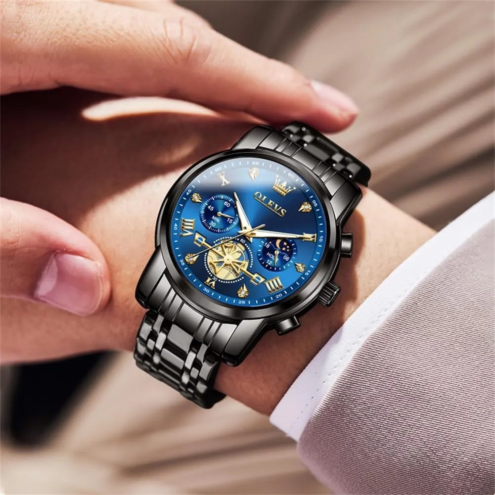 OLEVS Men Skeleton Watches Stainless Steel Analog Quartz Moon Phase Male Watch, Diamond Multi Calendar Chronograph Watch,Waterproof Wrist Watch for Men