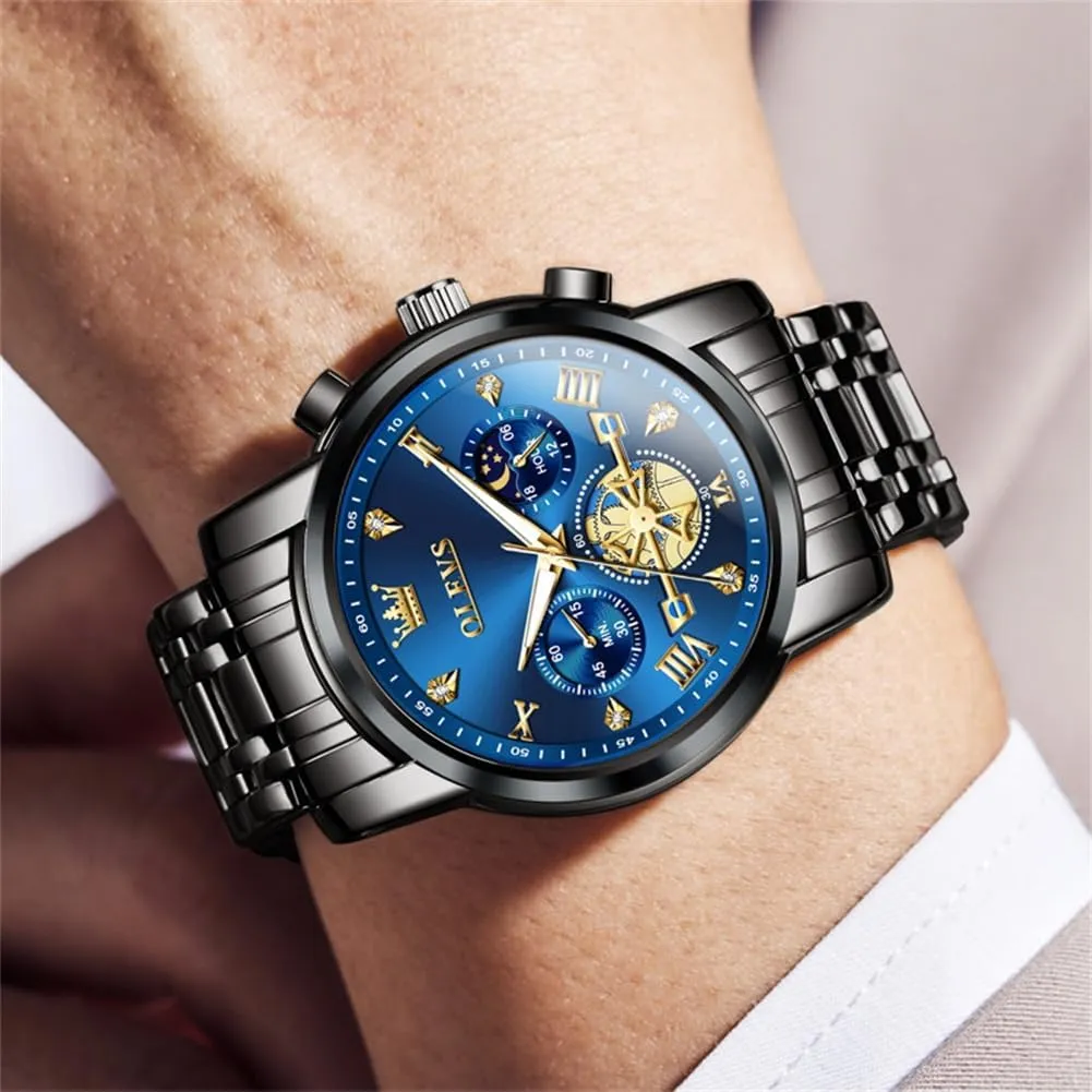 OLEVS Men Skeleton Watches Stainless Steel Analog Quartz Moon Phase Male Watch, Diamond Multi Calendar Chronograph Watch,Waterproof Wrist Watch for Men
