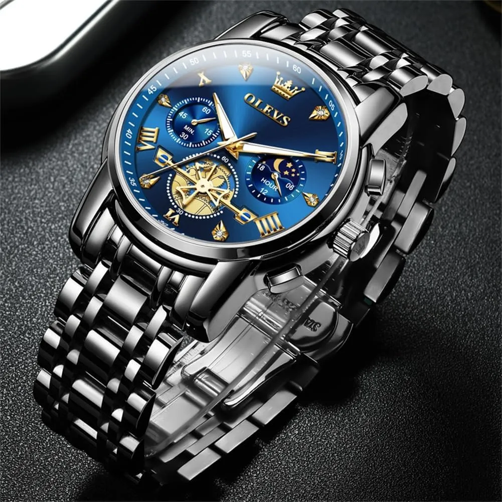 OLEVS Men Skeleton Watches Stainless Steel Analog Quartz Moon Phase Male Watch, Diamond Multi Calendar Chronograph Watch,Waterproof Wrist Watch for Men