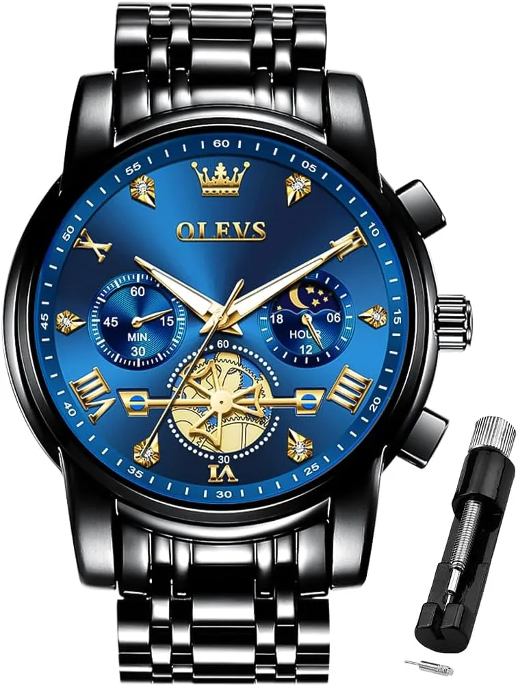 OLEVS Men Skeleton Watches Stainless Steel Analog Quartz Moon Phase Male Watch, Diamond Multi Calendar Chronograph Watch,Waterproof Wrist Watch for Men