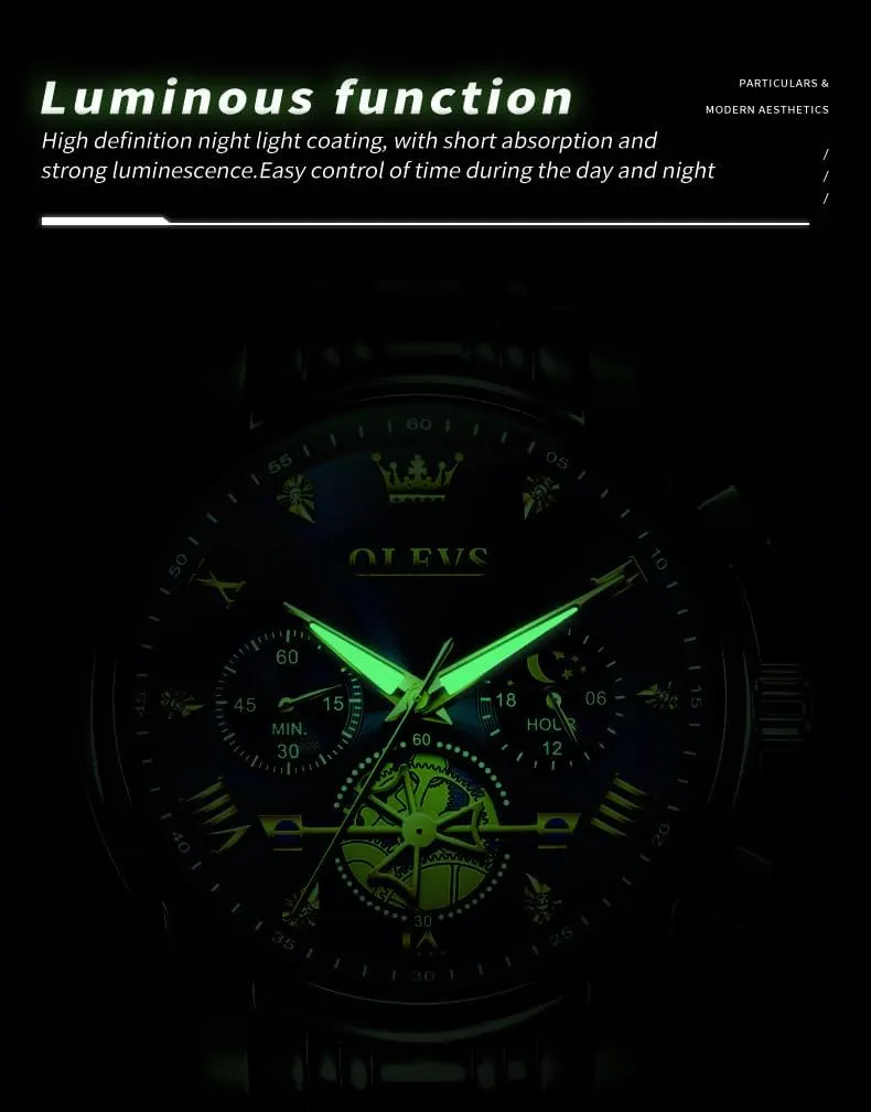 OLEVS Men Skeleton Watches Stainless Steel Analog Quartz Moon Phase Male Watch, Diamond Multi Calendar Chronograph Watch,Waterproof Wrist Watch for Men
