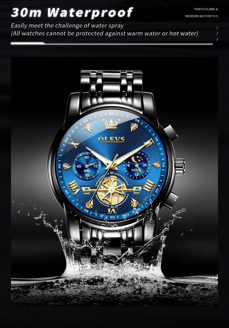 OLEVS Men Skeleton Watches Stainless Steel Analog Quartz Moon Phase Male Watch, Diamond Multi Calendar Chronograph Watch,Waterproof Wrist Watch for Men