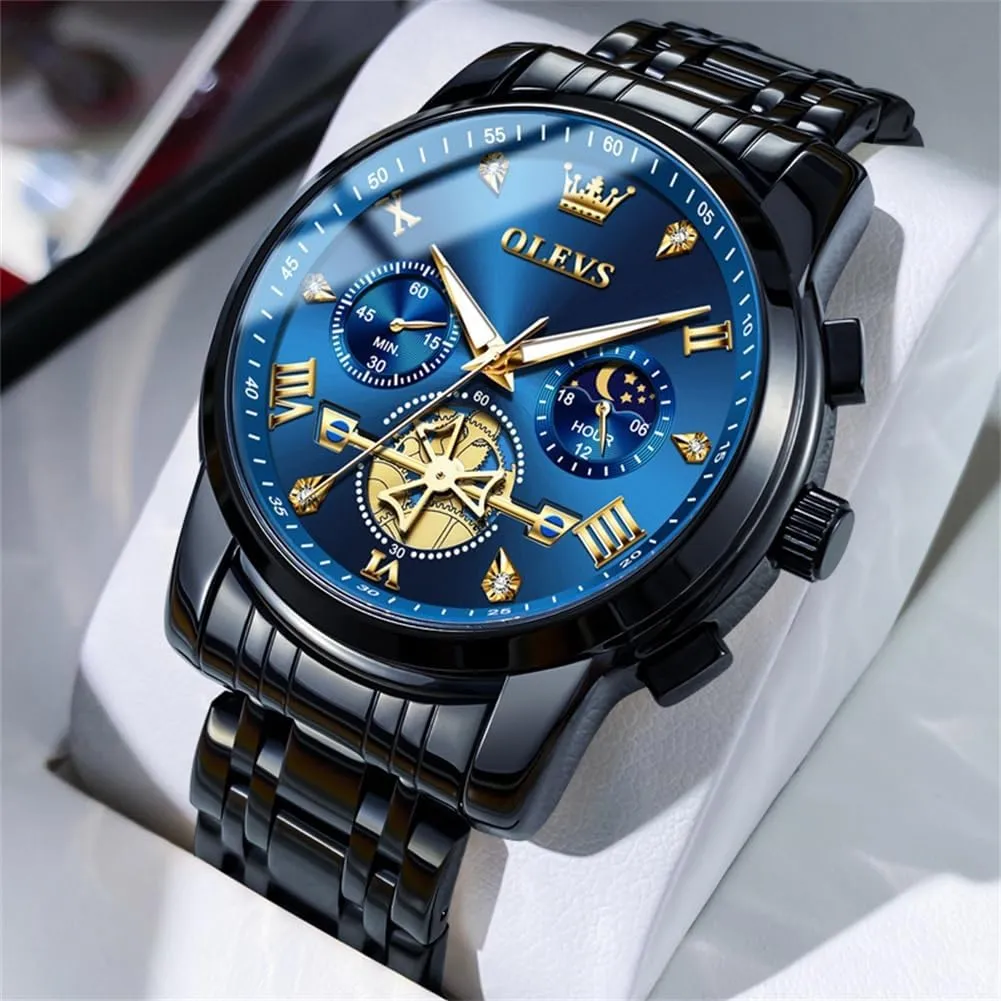 OLEVS Men Skeleton Watches Stainless Steel Analog Quartz Moon Phase Male Watch, Diamond Multi Calendar Chronograph Watch,Waterproof Wrist Watch for Men