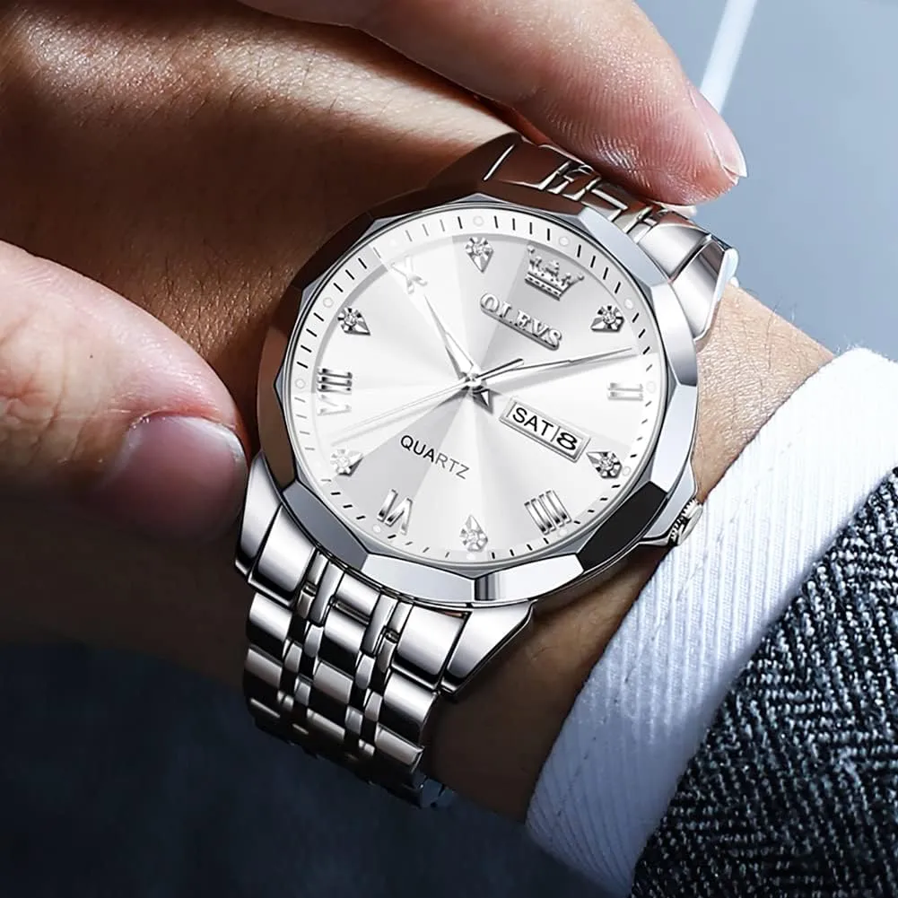 OLEVS Men Watches Business Dress Diamond Analog Quartz Date Luxury Wrist Watch Casual Stainless Steel Waterproof Luminous Two Tone Watch for Men