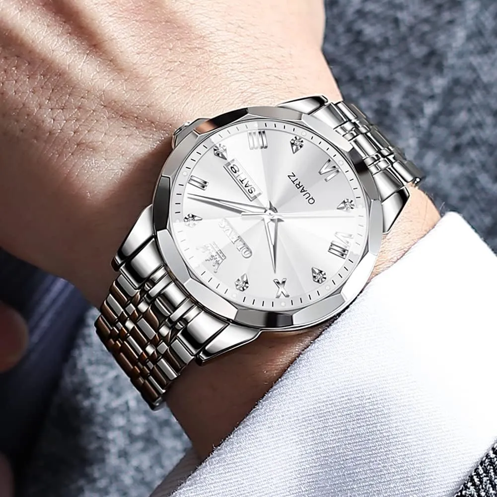 OLEVS Men Watches Business Dress Diamond Analog Quartz Date Luxury Wrist Watch Casual Stainless Steel Waterproof Luminous Two Tone Watch for Men
