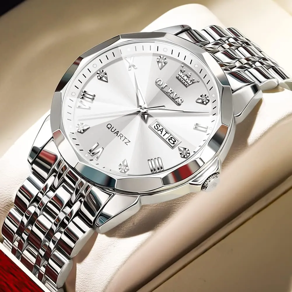 OLEVS Men Watches Business Dress Diamond Analog Quartz Date Luxury Wrist Watch Casual Stainless Steel Waterproof Luminous Two Tone Watch for Men