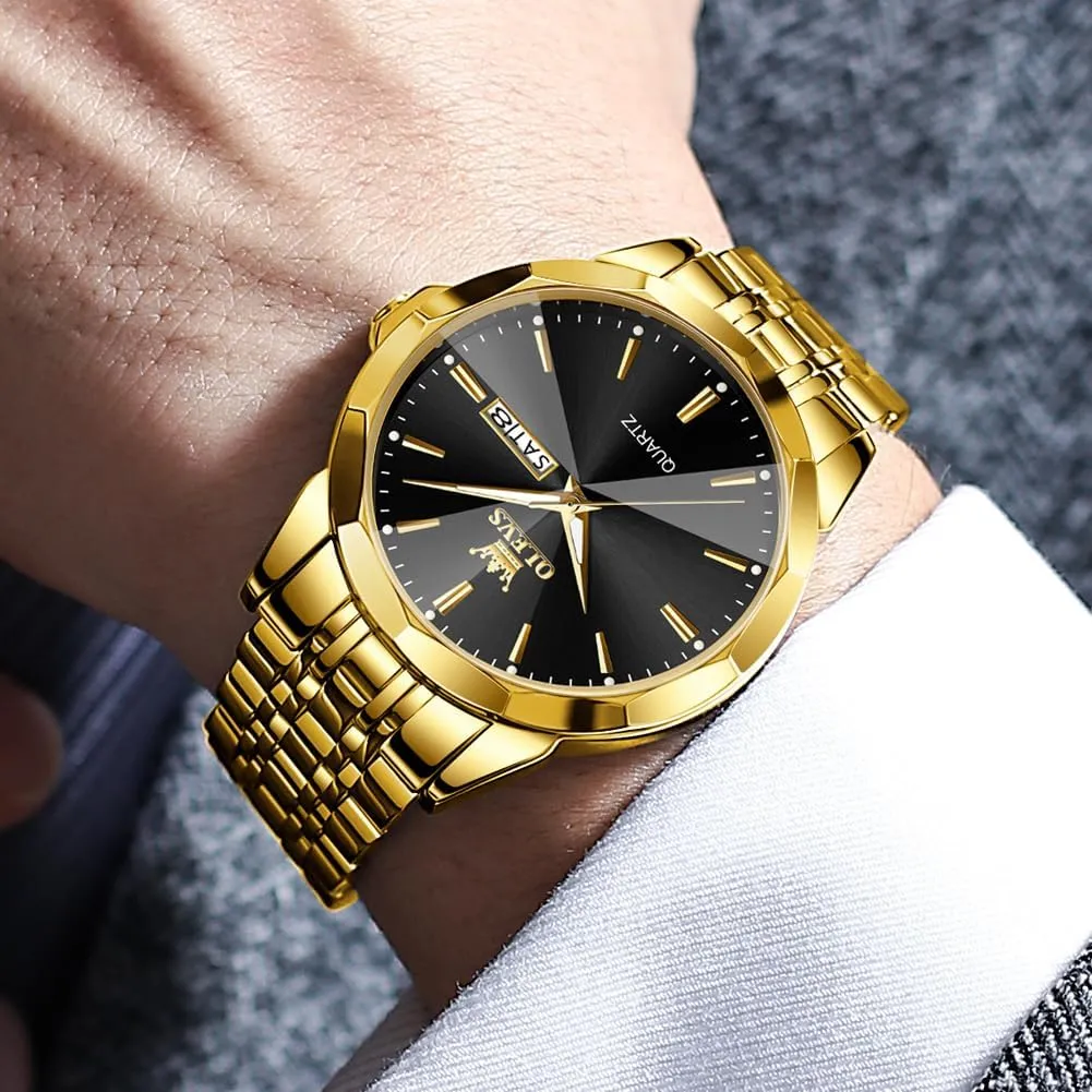 OLEVS Men Watches Business Dress Diamond Analog Quartz Date Luxury Wrist Watch Casual Stainless Steel Waterproof Luminous Two Tone Watch for Men
