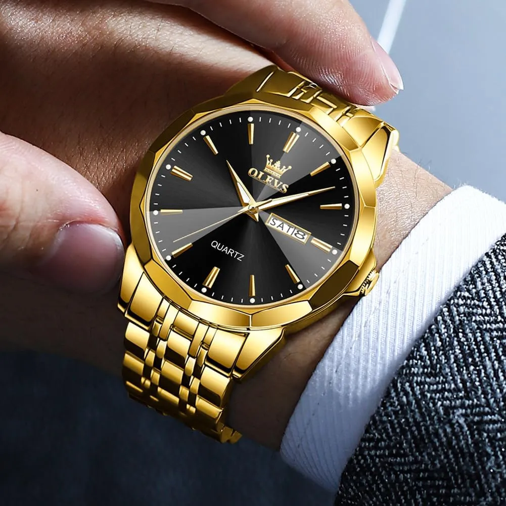 OLEVS Men Watches Business Dress Diamond Analog Quartz Date Luxury Wrist Watch Casual Stainless Steel Waterproof Luminous Two Tone Watch for Men