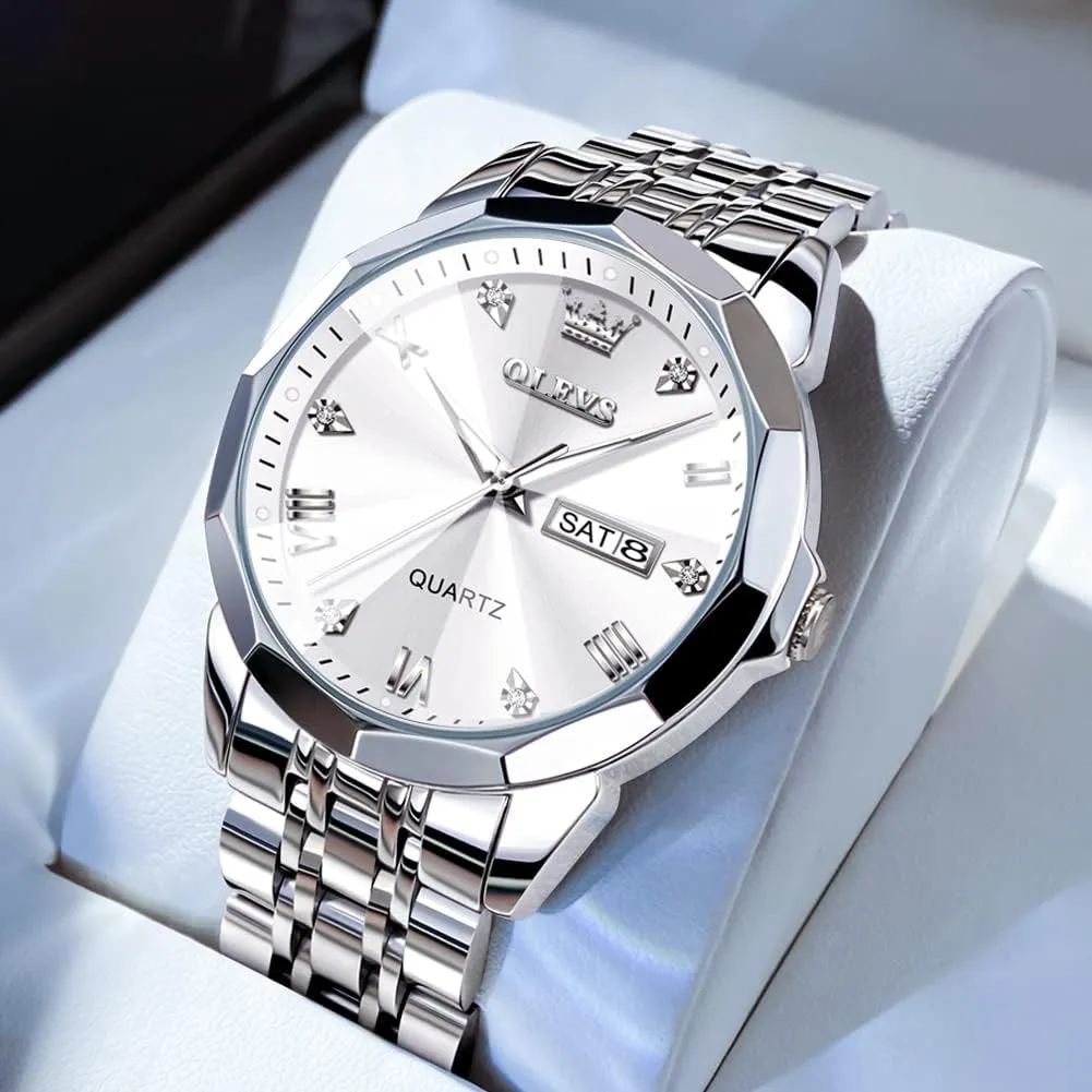 OLEVS Men Watches Business Dress Diamond Analog Quartz Date Luxury Wrist Watch Casual Stainless Steel Waterproof Luminous Two Tone Watch for Men