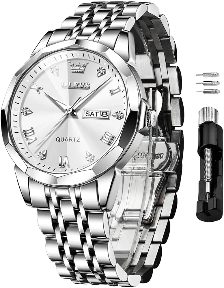 OLEVS Men Watches Business Dress Diamond Analog Quartz Date Luxury Wrist Watch Casual Stainless Steel Waterproof Luminous Two Tone Watch for Men