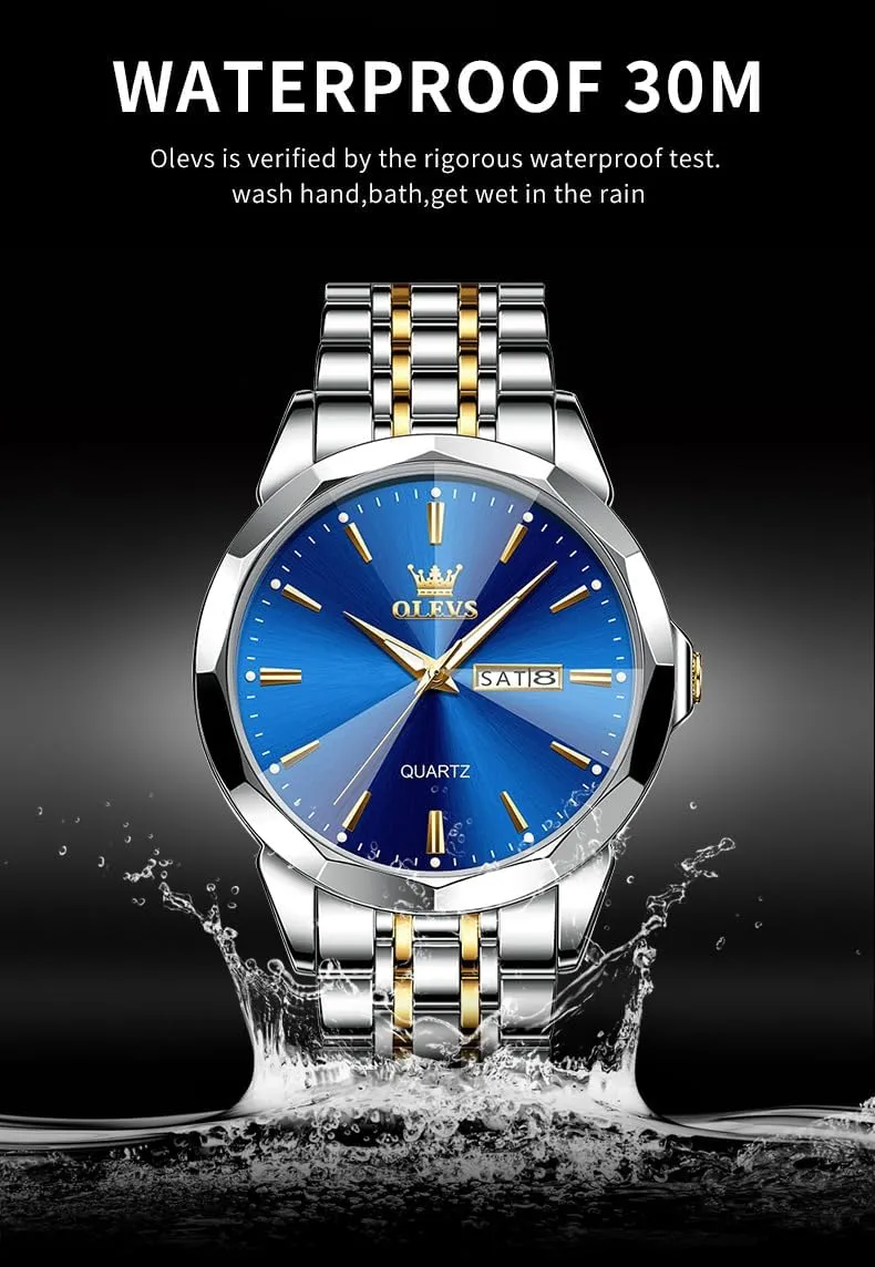 OLEVS Men Watches Business Dress Diamond Analog Quartz Date Luxury Wrist Watch Casual Stainless Steel Waterproof Luminous Two Tone Watch for Men