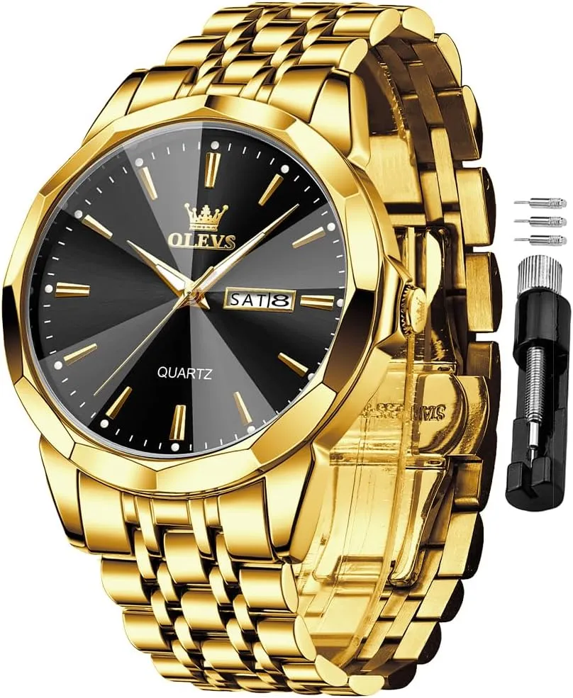 OLEVS Men Watches Business Dress Diamond Analog Quartz Date Luxury Wrist Watch Casual Stainless Steel Waterproof Luminous Two Tone Watch for Men