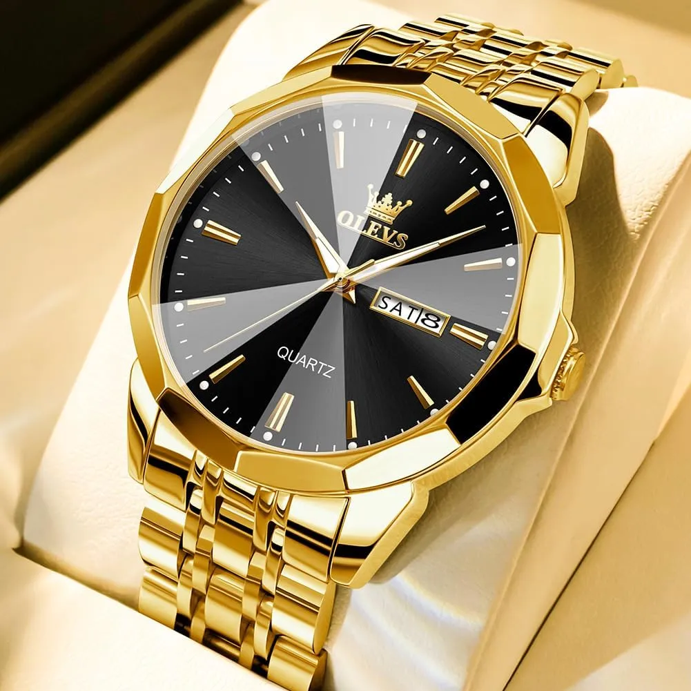 OLEVS Men Watches Business Dress Diamond Analog Quartz Date Luxury Wrist Watch Casual Stainless Steel Waterproof Luminous Two Tone Watch for Men