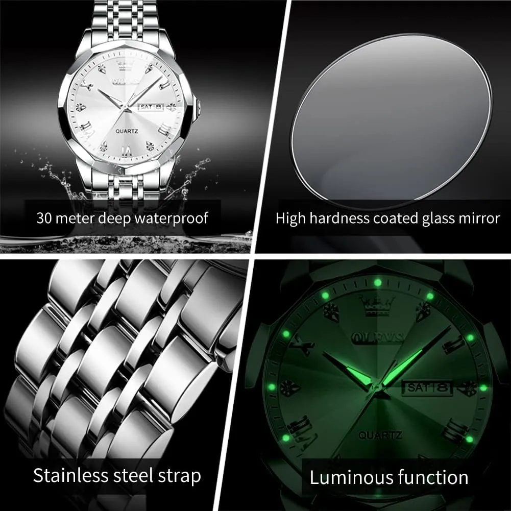 OLEVS Men Watches Business Dress Diamond Analog Quartz Date Luxury Wrist Watch Casual Stainless Steel Waterproof Luminous Two Tone Watch for Men