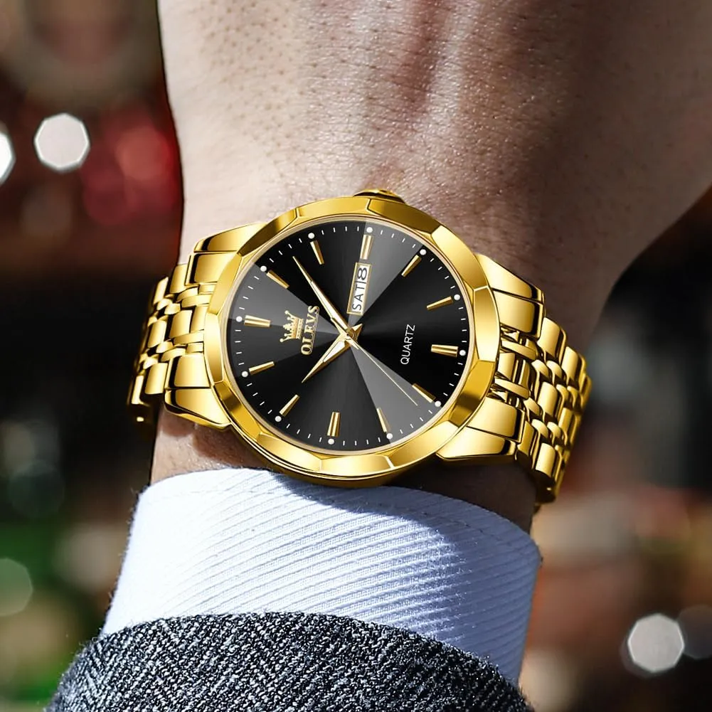 OLEVS Men Watches Business Dress Diamond Analog Quartz Date Luxury Wrist Watch Casual Stainless Steel Waterproof Luminous Two Tone Watch for Men