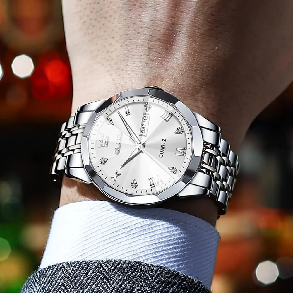 OLEVS Men Watches Business Dress Diamond Analog Quartz Date Luxury Wrist Watch Casual Stainless Steel Waterproof Luminous Two Tone Watch for Men