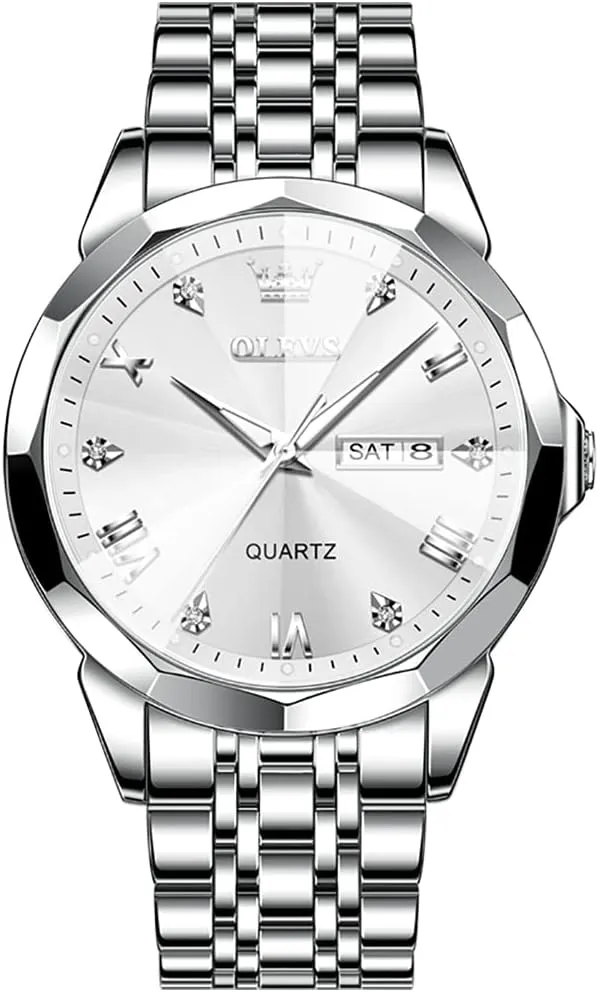 OLEVS Men Watches Business Dress Diamond Analog Quartz Date Luxury Wrist Watch Casual Stainless Steel Waterproof Luminous Two Tone Watch for Men