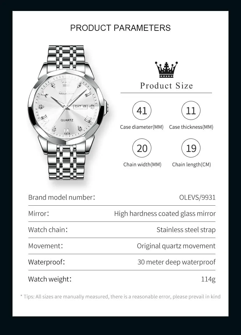 OLEVS Men Watches Business Dress Diamond Analog Quartz Date Luxury Wrist Watch Casual Stainless Steel Waterproof Luminous Two Tone Watch for Men