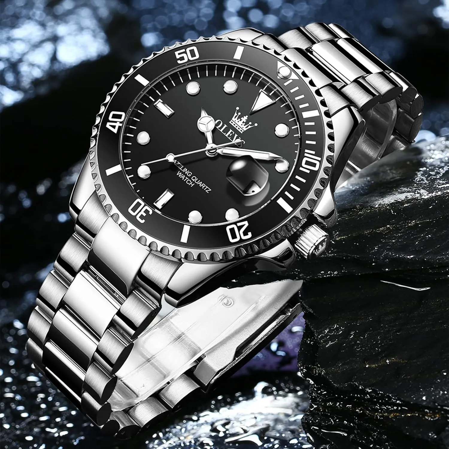 OLEVS Men's Stainless Steel Watch, Easy to Read Gold Silver Two Tone Analog Quartz Wristwatch, Luxury Rotating Bezel Magnified Date Waterproof Luminous Dress Watches for Men