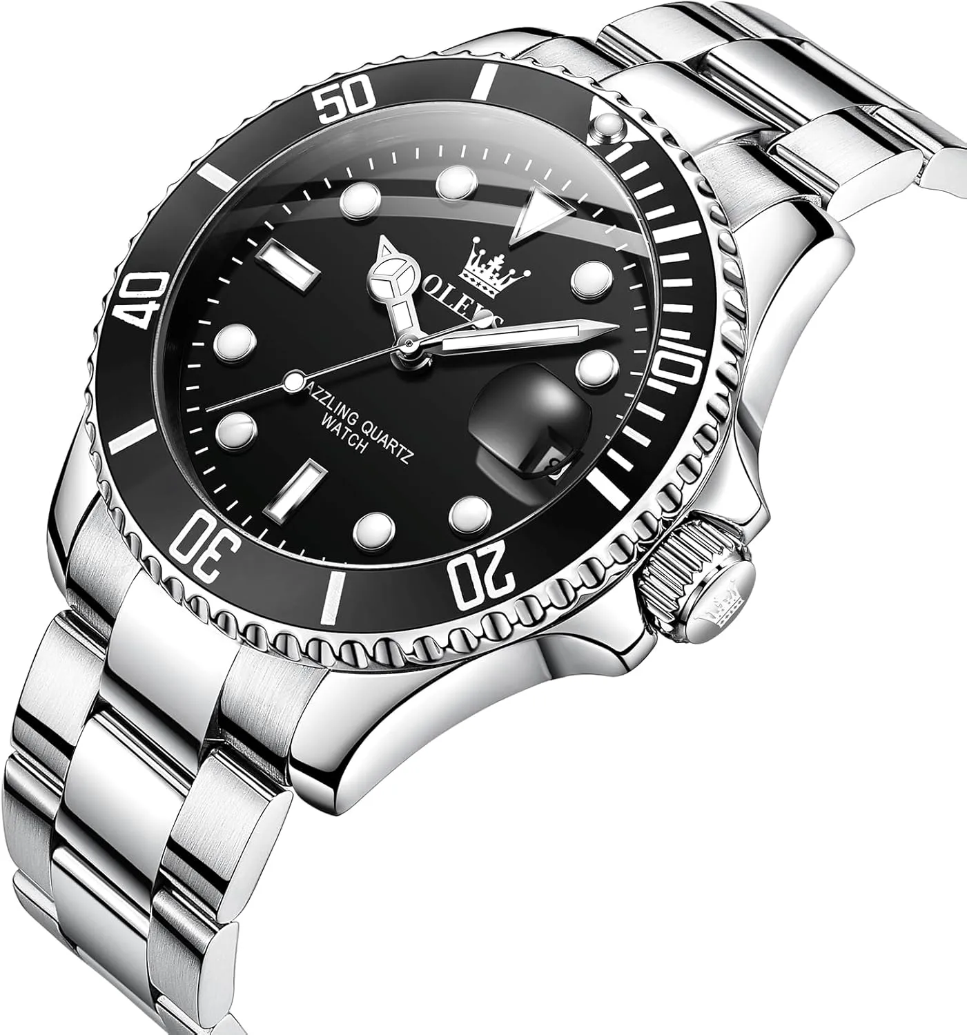 OLEVS Men's Stainless Steel Watch, Easy to Read Gold Silver Two Tone Analog Quartz Wristwatch, Luxury Rotating Bezel Magnified Date Waterproof Luminous Dress Watches for Men