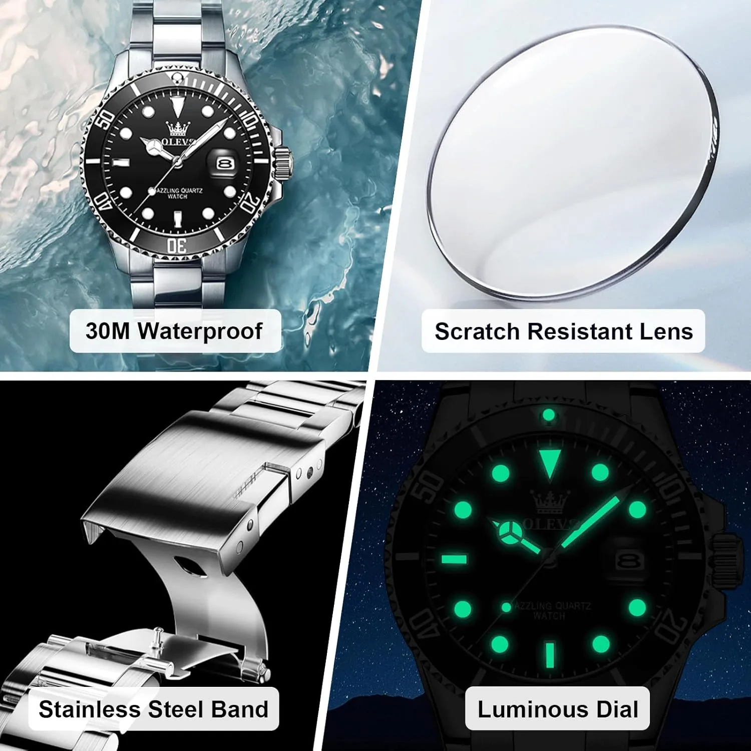 OLEVS Men's Stainless Steel Watch, Easy to Read Gold Silver Two Tone Analog Quartz Wristwatch, Luxury Rotating Bezel Magnified Date Waterproof Luminous Dress Watches for Men