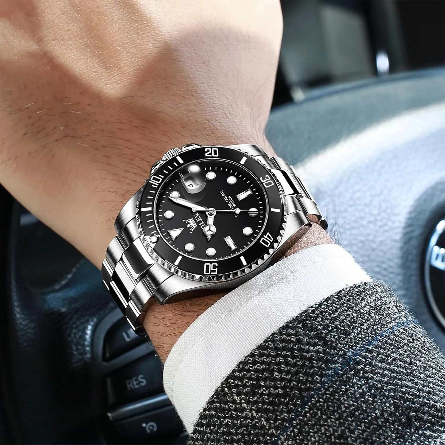 OLEVS Men's Stainless Steel Watch, Easy to Read Gold Silver Two Tone Analog Quartz Wristwatch, Luxury Rotating Bezel Magnified Date Waterproof Luminous Dress Watches for Men