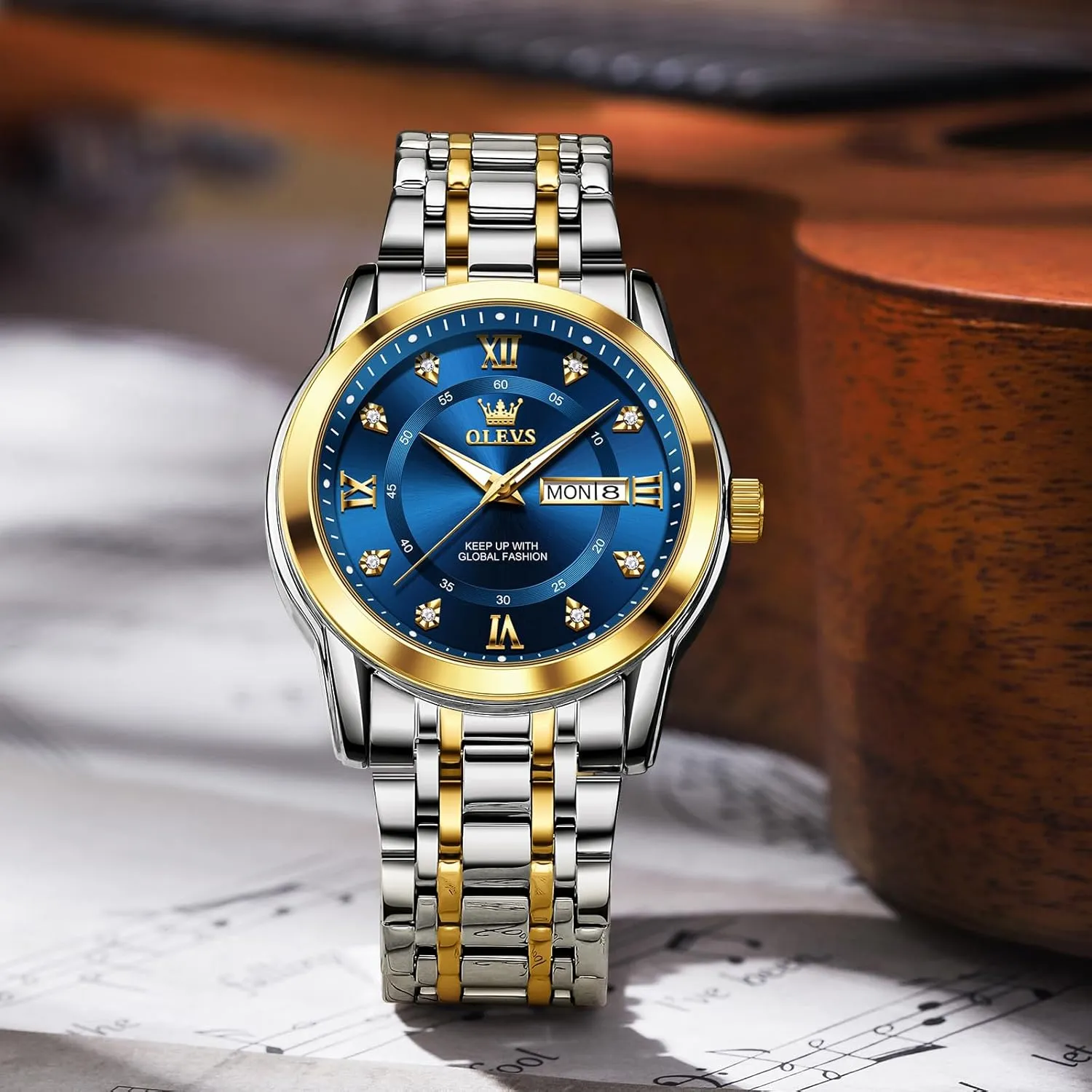 OLEVS Men's Stainless Steel Watch, Large Face Roman Numerals Diamond Accented Three-Hand Analog Quartz Watches for Men, Easy to Read Day Date Waterproof Luminous Mens Wristwatch
