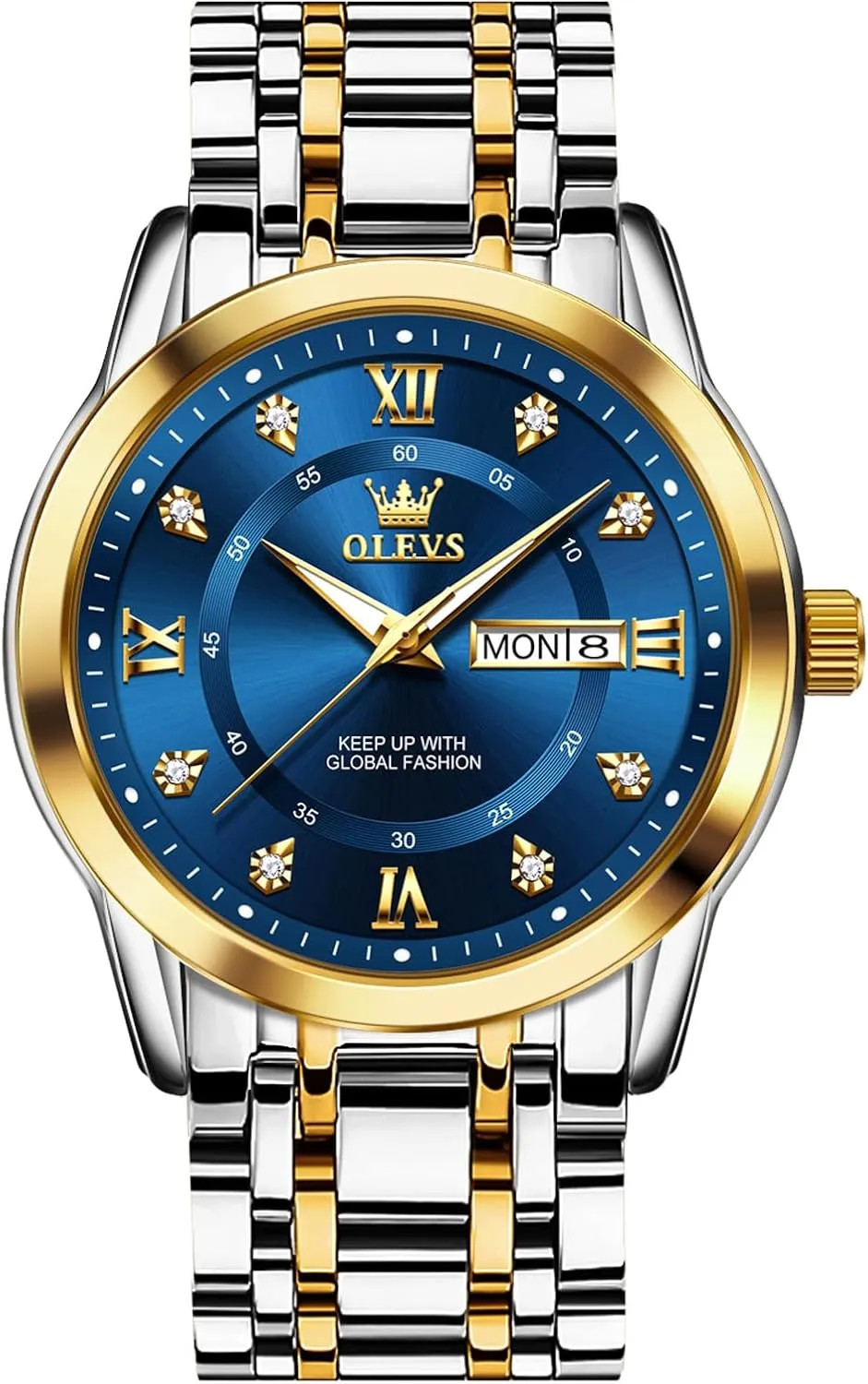 OLEVS Men's Stainless Steel Watch, Large Face Roman Numerals Diamond Accented Three-Hand Analog Quartz Watches for Men, Easy to Read Day Date Waterproof Luminous Mens Wristwatch