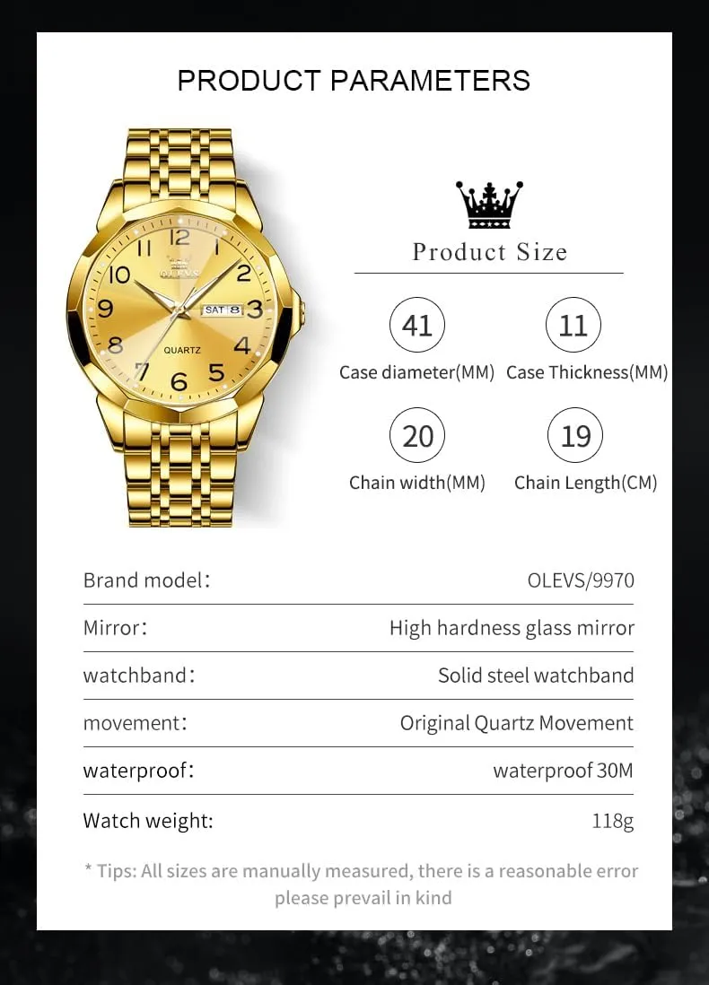 OLEVS Mens Watch, Dress Stainless Steel Analog Quartz Watches for Men with Day Date, Silver Gold Silver Two Tone Big Face Large Waterproof Luxury Casual Easy to Read Number Dial Men's Wrist Watch