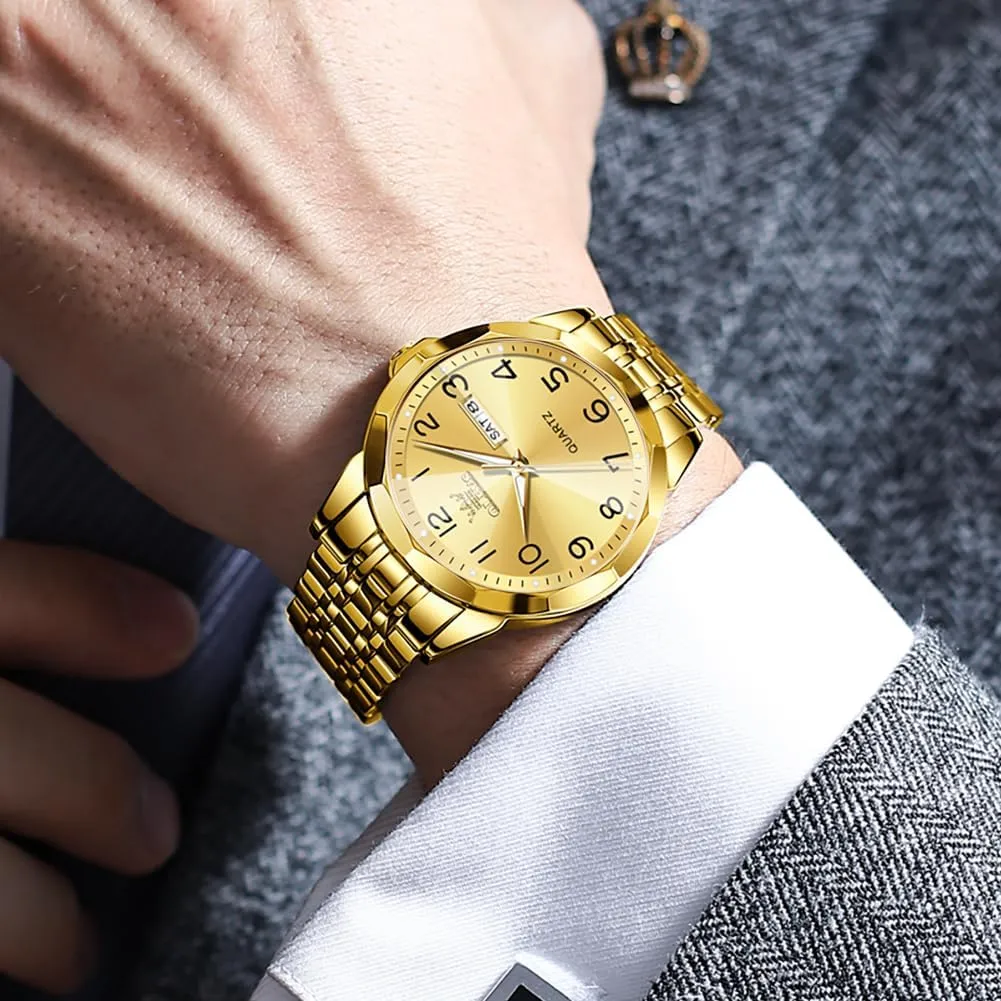 OLEVS Mens Watch, Dress Stainless Steel Analog Quartz Watches for Men with Day Date, Silver Gold Silver Two Tone Big Face Large Waterproof Luxury Casual Easy to Read Number Dial Men's Wrist Watch