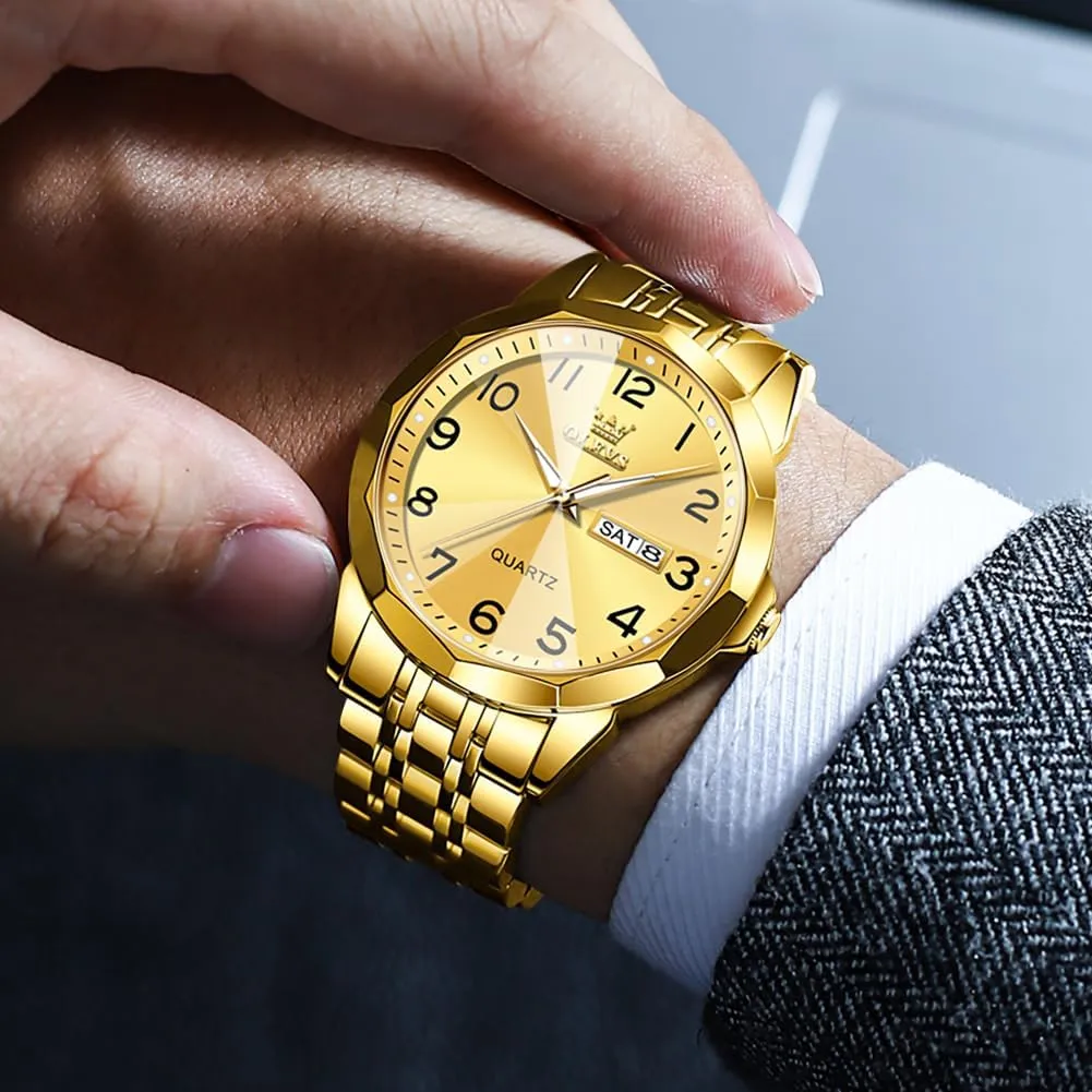 OLEVS Mens Watch, Dress Stainless Steel Analog Quartz Watches for Men with Day Date, Silver Gold Silver Two Tone Big Face Large Waterproof Luxury Casual Easy to Read Number Dial Men's Wrist Watch