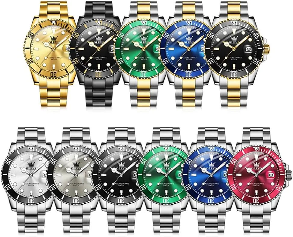 OLEVS Mens Watches, Silver Dress Gold Classic Luxury Big Large Face Waterproof Watches for Men, Analog Two Tone Stainless Steel Men Wrist Watch with Date Relojes De Hombre (Green/Blue/Black Dial