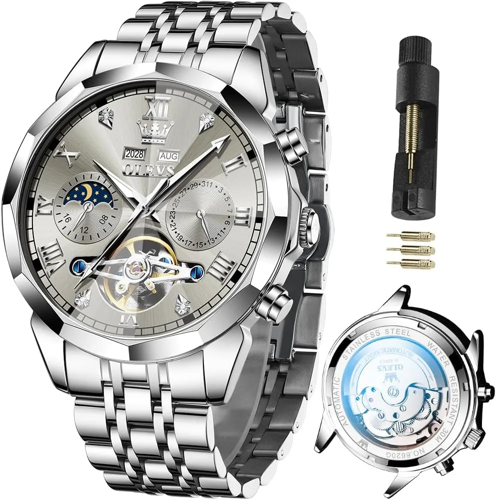 OLEVS Watch for Men Automatic Stainless Steel Business Dress Skeleton Mechanical Waterproof Luminous Self Winding Luxury Diamond Men Watches