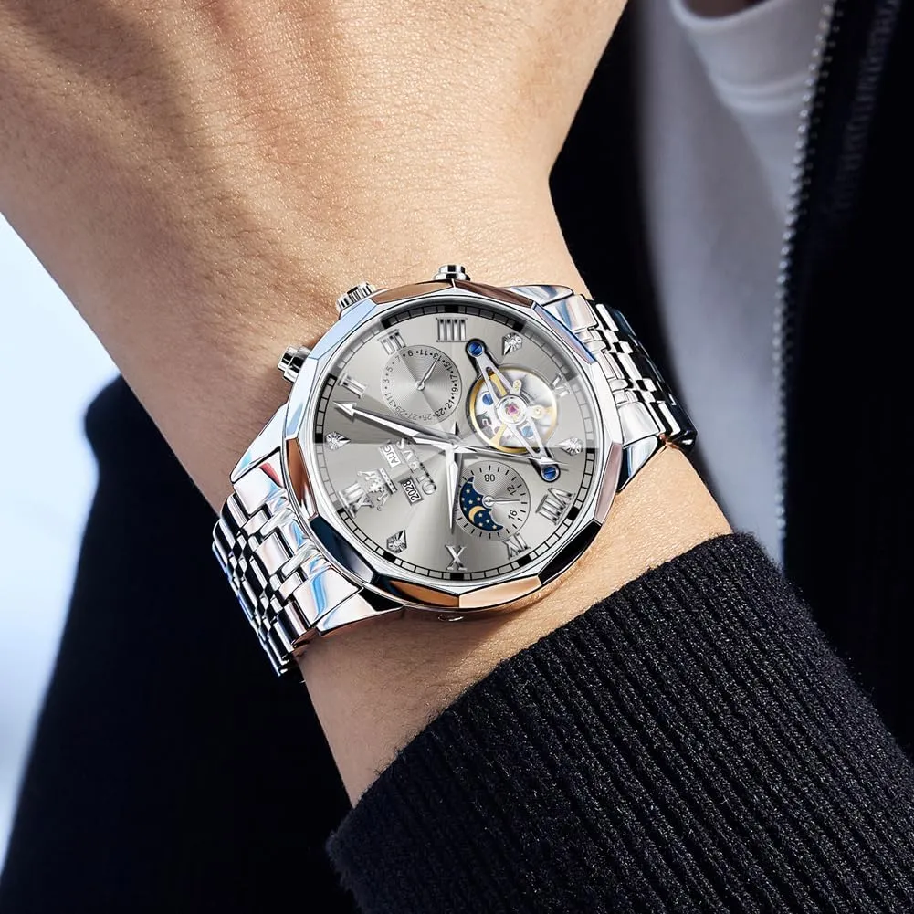 OLEVS Watch for Men Automatic Stainless Steel Business Dress Skeleton Mechanical Waterproof Luminous Self Winding Luxury Diamond Men Watches