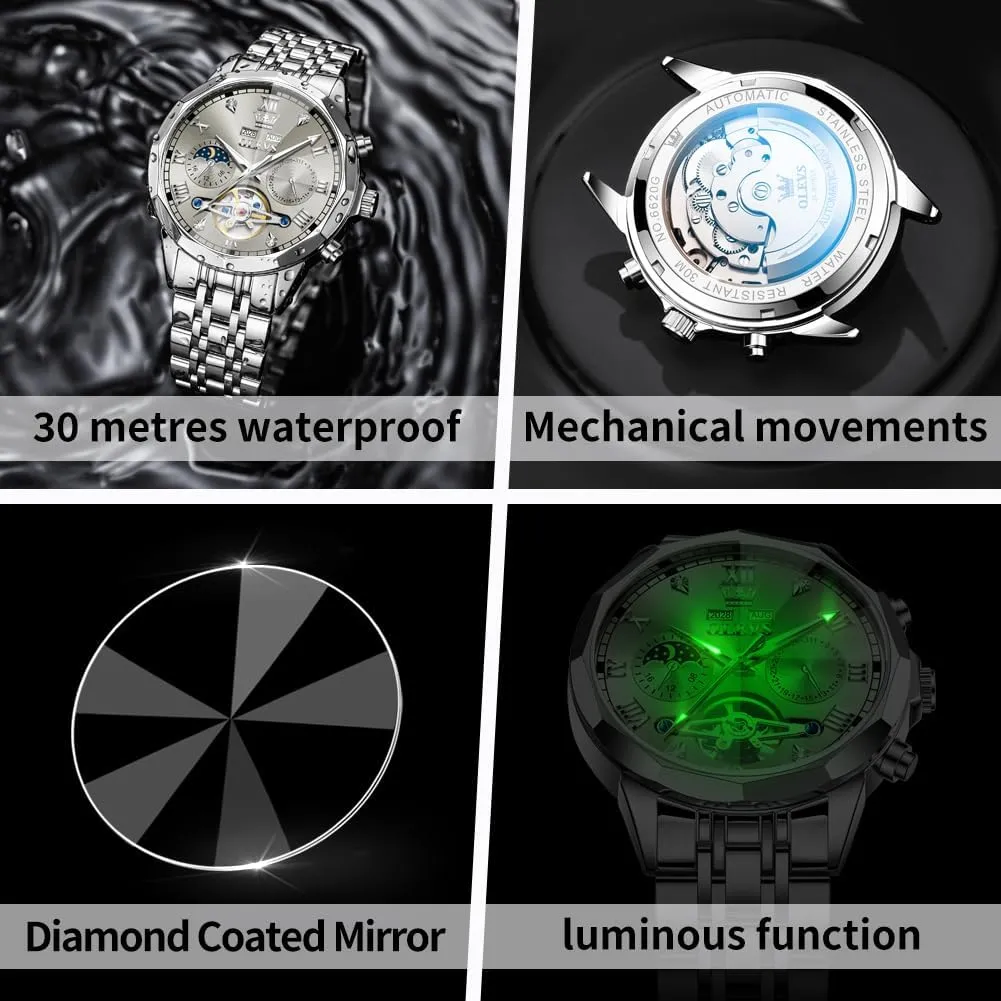 OLEVS Watch for Men Automatic Stainless Steel Business Dress Skeleton Mechanical Waterproof Luminous Self Winding Luxury Diamond Men Watches